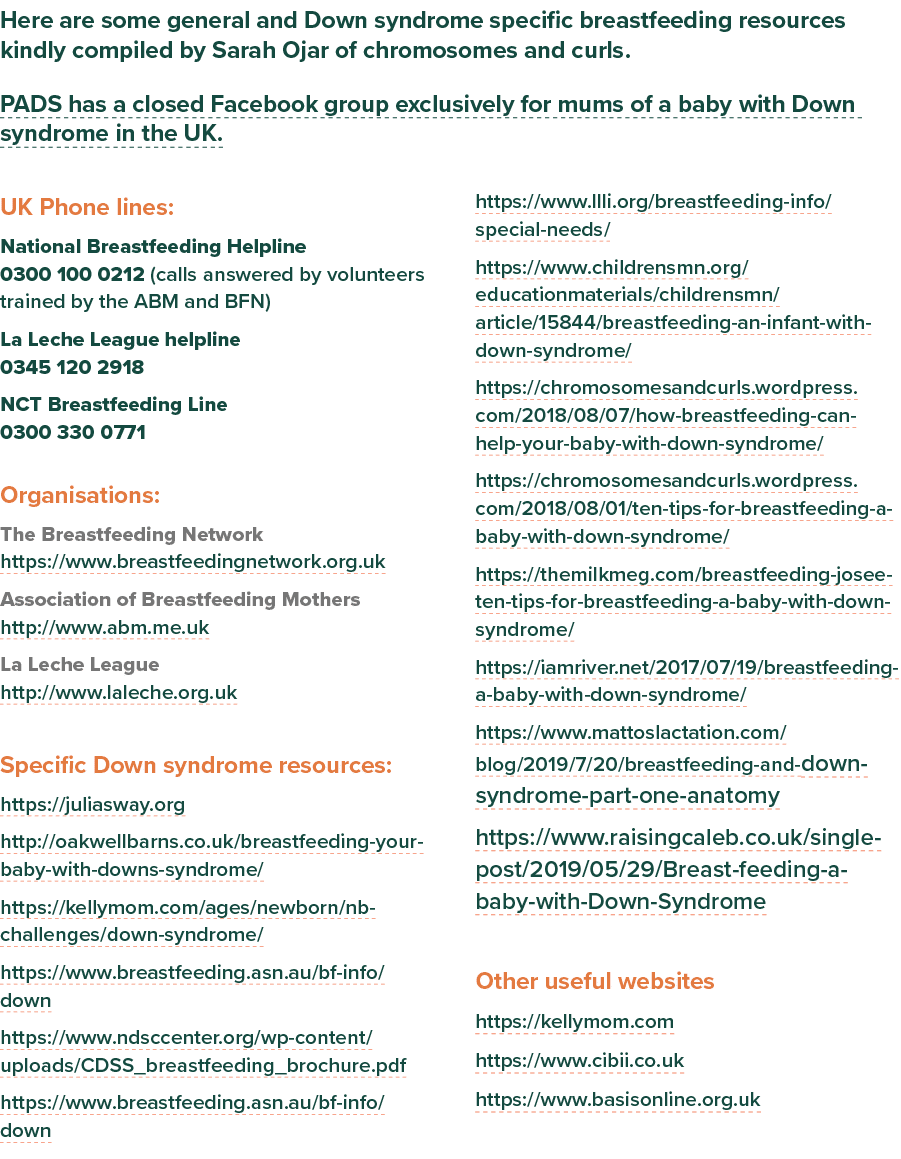 Here are some general and Down syndrome specific breastfeeding resources kindly compiled by Sarah Ojar of chromosomes   
